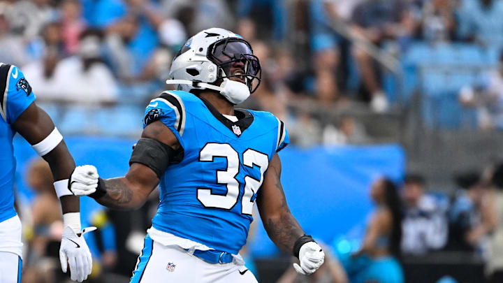 Aug 8, 2025; Charlotte, North Carolina, USA; Carolina Panthers linebacker Trevin Wallace (32) reacts in the first quarter at Bank of America Stadium. Mandatory Credit: Bob Donnan-Imagn Images Aug 8, 2025; Charlotte, North Carolina, USA; Carolina Panthers linebacker Trevin Wallace (32) reacts in the first quarter at Bank of America Stadium. Mandatory Credit: Bob Donnan-Imagn Images