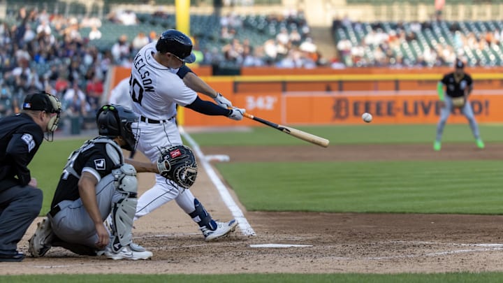 Detroit Tigers first baseman Spencer Torkelson (20) hits a ball against the Chicago White Sox.