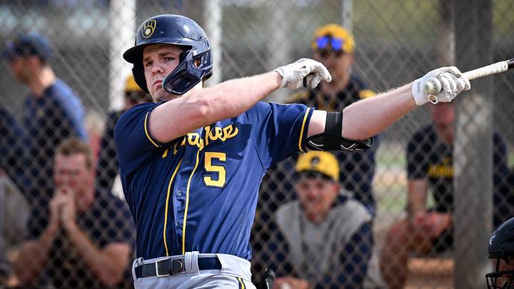 Milwaukee Brewers third base prospect Luke Adams takes batting practice during spring training workouts Monday, February 17, 2025, at American Family Fields of Phoenix in Phoenix, Arizona.