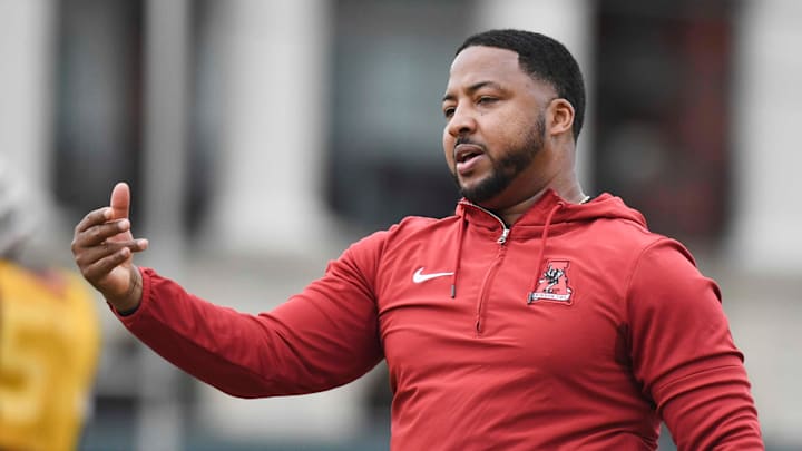 Mar 21, 2024; Tuscaloosa, Alabama, USA; Alabama co-defensive coordinator Maurice Linguist directs players during practice at the University Alabama Thursday.
