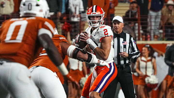 Clemson quarterback Cade Klubnik (2) throws a pass during the game against the Texas Longhorns in the first round of the College Football Playoffs at Darrell K Royal-Texas Memorial Stadium on Saturday, Dec. 21, 2024. Clemson quarterback Cade Klubnik (2) throws a pass during the game against the Texas Longhorns in the first round of the College Football Playoffs at Darrell K Royal-Texas Memorial Stadium on Saturday, Dec. 21, 2024.