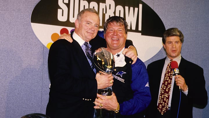 Dallas Cowboys owner Jerry Jones and head coach Jimmy Johnson with the Lombardi trophy after defeating the Buffalo Bills in Super Bowl XXVIII 