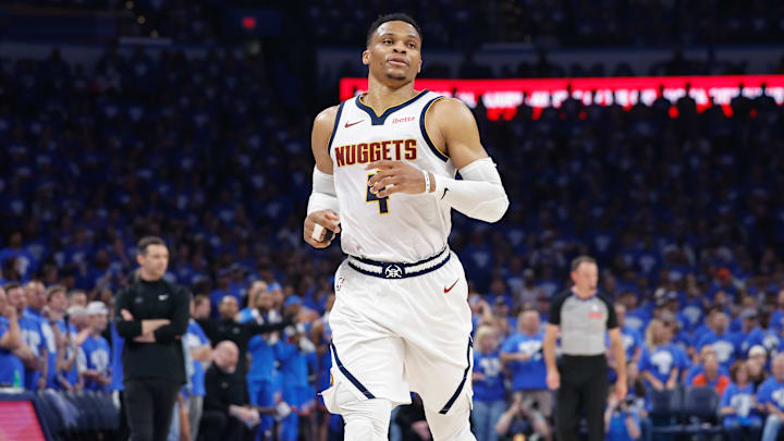 May 18, 2025; Oklahoma City, Oklahoma, USA; Denver Nuggets guard Russell Westbrook (4) runs down the court against the Oklahoma City Thunder in the second quarter during game seven of the second round for the 2025 NBA Playoffs at Paycom Center. Mandatory Credit: Alonzo Adams-Imagn Images