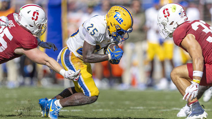 Nov 1, 2025; Stanford, California, USA; Pittsburgh Panthers running back Ja'Kyrian Turner (25) runs the ball during the second quarter at Stanford Stadium. Mandatory Credit: John Hefti-Imagn Images