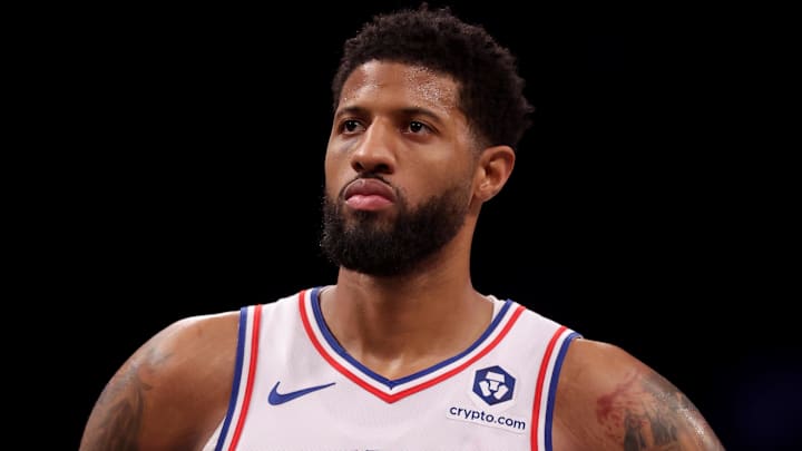 Feb 12, 2025; Brooklyn, New York, USA; Philadelphia 76ers forward Paul George (8) reacts during the fourth quarter against the Brooklyn Nets at Barclays Center. Mandatory Credit: Brad Penner-Imagn Images Feb 12, 2025; Brooklyn, New York, USA; Philadelphia 76ers forward Paul George (8) reacts during the fourth quarter against the Brooklyn Nets at Barclays Center. Mandatory Credit: Brad Penner-Imagn Images