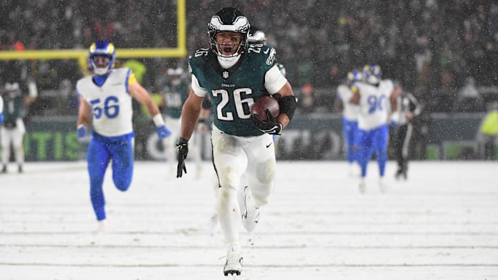 Saquon Barkley rushed for 205 yards and two touchdowns in the Philadelphia Eagles' divisional round win over the Los Angeles Rams. Saquon Barkley rushed for 205 yards and two touchdowns in the Philadelphia Eagles' divisional round win over the Los Angeles Rams.