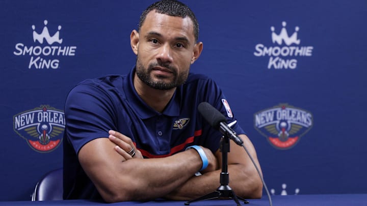 Sep 26, 2022; New Orleans, LA, USA; New Orleans Pelicans general manager Trajan Langdon during a press conference at the New Orleans Pelicans Media Day from the Smoothie King Center. Mandatory Credit: Stephen Lew-Imagn Images Sep 26, 2022; New Orleans, LA, USA; New Orleans Pelicans general manager Trajan Langdon during a press conference at the New Orleans Pelicans Media Day from the Smoothie King Center. Mandatory Credit: Stephen Lew-Imagn Images