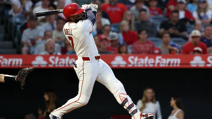 Jun 13, 2026; Anaheim, California, USA; Los Angeles Angels right fielder Jo Adell (7) hits a double during the fourth inning against the Tampa Bay Rays at Angel Stadium. Mandatory Credit: Kiyoshi Mio-Imagn Images Jun 13, 2026; Anaheim, California, USA; Los Angeles Angels right fielder Jo Adell (7) hits a double during the fourth inning against the Tampa Bay Rays at Angel Stadium. Mandatory Credit: Kiyoshi Mio-Imagn Images