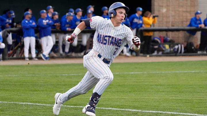 Fort Cobb-Broxton's Eli Willits runs to first after hitting a fly ball during the high school baseball game between Fort Cobb-Broxton and Stillwater at Edmond Santa Fe High School in Edmond, Okla., Friday, April, 18, 2025. Fort Cobb-Broxton's Eli Willits runs to first after hitting a fly ball during the high school baseball game between Fort Cobb-Broxton and Stillwater at Edmond Santa Fe High School in Edmond, Okla., Friday, April, 18, 2025.