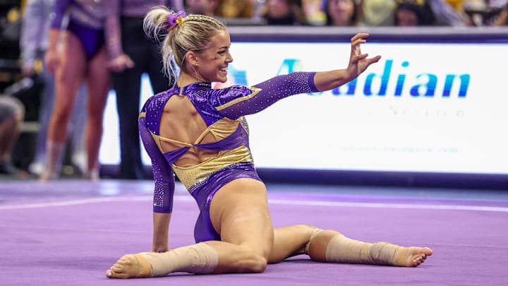 Jan. 17, 2025: Livvy Dunne of the LSU Tigers competes against the Florida Gators. Jan. 17, 2025: Livvy Dunne of the LSU Tigers competes against the Florida Gators.