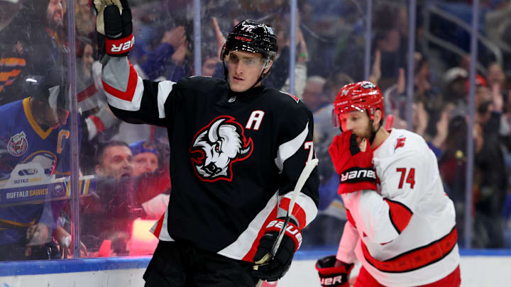 Apr 8, 2025; Buffalo, New York, USA;  Buffalo Sabres center Tage Thompson (72) reacts after scoring a goal during the second period against the Carolina Hurricanes at KeyBank Center. Mandatory Credit: Timothy T. Ludwig-Imagn Images