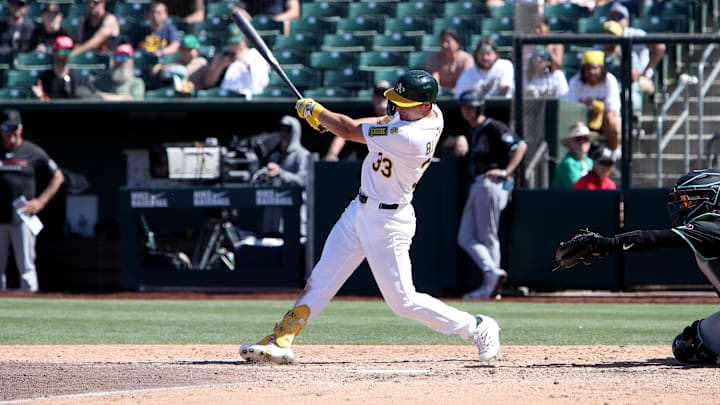 Aug 3, 2025; West Sacramento, California, USA; Athletics left fielder JJ Bleday (33) hits a solo home run against the Arizona Diamondbacks during the ninth inning at Sutter Health Park. Mandatory Credit: Dennis Lee-Imagn Images Aug 3, 2025; West Sacramento, California, USA; Athletics left fielder JJ Bleday (33) hits a solo home run against the Arizona Diamondbacks during the ninth inning at Sutter Health Park. Mandatory Credit: Dennis Lee-Imagn Images
