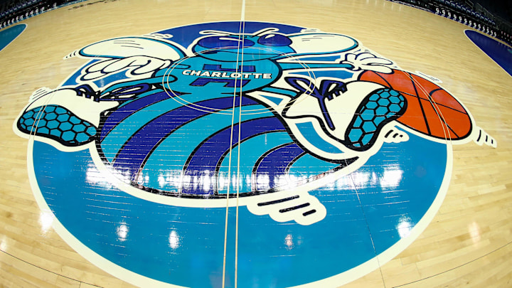 Jan 19, 2019; Charlotte, NC, USA; A detail view of the center court logo for Classic Night game between the Charlotte Hornets and the Phoenix Suns at Spectrum Center. Mandatory Credit: Jeremy Brevard-Imagn Images