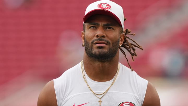 San Francisco 49ers middle linebacker Fred Warner (54) before the game against the Jacksonville Jaguars at Levi's Stadium. San Francisco 49ers middle linebacker Fred Warner (54) before the game against the Jacksonville Jaguars at Levi's Stadium.