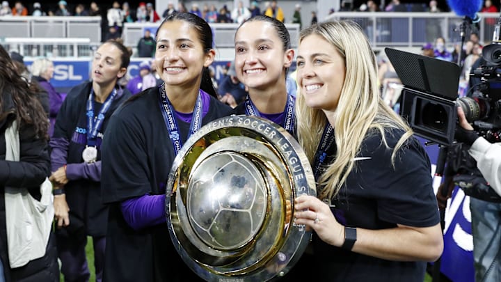 Nov 23, 2024; Kansas City, Missouri, USA; The Orlando Pride celebrates after winning the 2024 NWSL Championship match at CPKC Stadium. Mandatory Credit: Kylie Graham-Imagn Images