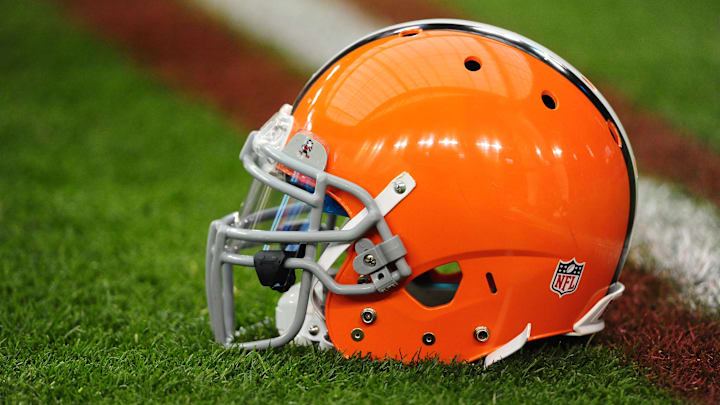 Dec. 18, 2011; Glendale, AZ, USA; Detailed view of a Cleveland Browns helmet sitting on the field against the Arizona Cardinals at University of Phoenix Stadium. The Cardinals defeated the Browns 20-17 in overtime. Mandatory Credit: Mark J. Rebilas-Imagn Images
