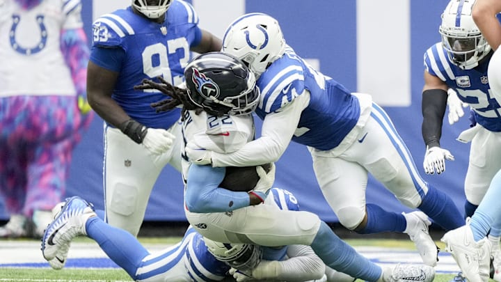 Oct 8, 2023; Indianapolis, Indiana, USA; Indianapolis Colts linebacker Zaire Franklin (44) tackles