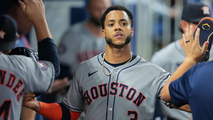 Aug 4, 2025; Miami, Florida, USA; Houston Astros shortstop Jeremy Pena (3) celebrates after scoring against the Miami Marlins during the fourth inning at loanDepot Park. 
