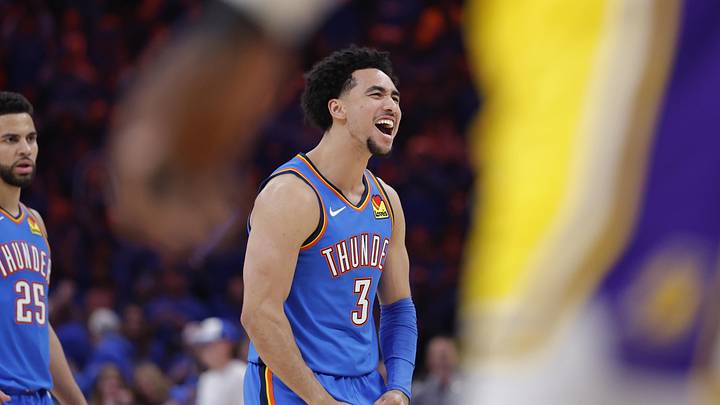 May 5, 2026; Oklahoma City, Oklahoma, USA; Oklahoma City Thunder guard Jared McCain (3) celebrates after a play against the Los Angeles Lakers in the second half during game one of the second round of the 2026 NBA Playoffs at Paycom Center. Mandatory Credit: Alonzo Adams-Imagn Images