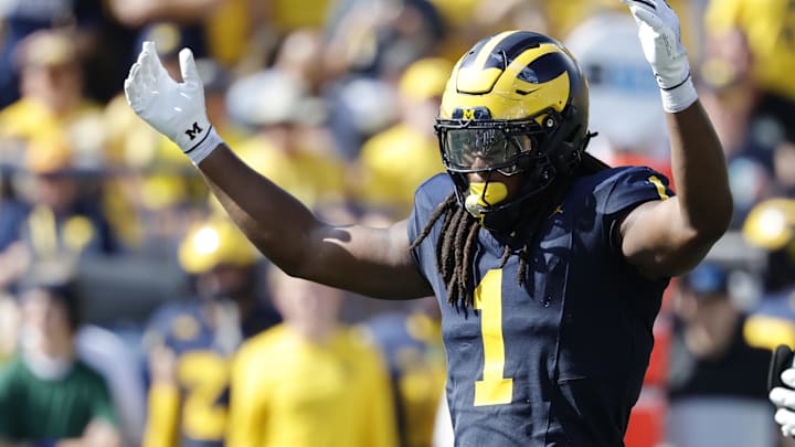 Michigan Wolverines linebacker Jaishawn Barham reacts in the second half against the Wisconsin Badgers
