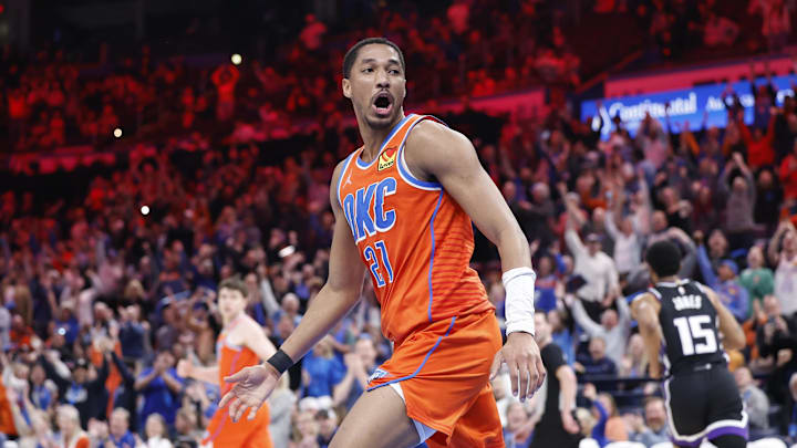 Feb 1, 2025; Oklahoma City, Oklahoma, USA; Oklahoma City Thunder guard Aaron Wiggins (21) reacts after scoring against the Sacramento Kings during the second half at Paycom Center. Mandatory Credit: Alonzo Adams-Imagn Images Feb 1, 2025; Oklahoma City, Oklahoma, USA; Oklahoma City Thunder guard Aaron Wiggins (21) reacts after scoring against the Sacramento Kings during the second half at Paycom Center. Mandatory Credit: Alonzo Adams-Imagn Images
