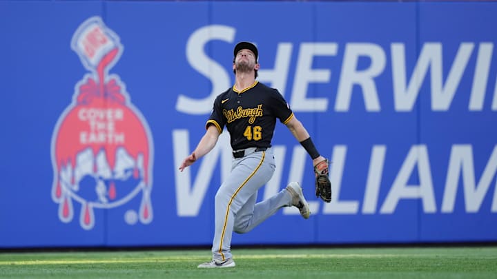 May 17, 2025; Philadelphia, Pennsylvania, USA; Pittsburgh Pirates outfielder Nick Solak (46) tracks a fly ball against the Philadelphia Phillies in the second inning at Citizens Bank Park. Mandatory Credit: Kyle Ross-Imagn Images