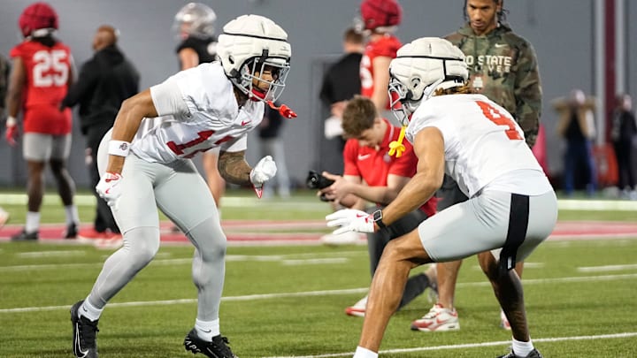 Ohio State Buckeyes cornerbacks Bryce West (12) and Devin Sanchez (4) complete a drill during spring football practice at the Woody Hayes Athletic Center in Columbus on March 17, 2025. Ohio State Buckeyes cornerbacks Bryce West (12) and Devin Sanchez (4) complete a drill during spring football practice at the Woody Hayes Athletic Center in Columbus on March 17, 2025.