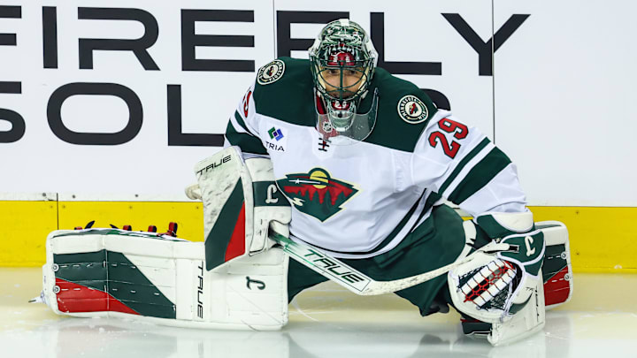 Apr 11, 2025; Calgary, Alberta, CAN; Minnesota Wild goaltender Marc-Andre Fleury (29) during the warmup period against the Calgary Flames at Scotiabank Saddledome. Mandatory Credit: Sergei Belski-Imagn Images