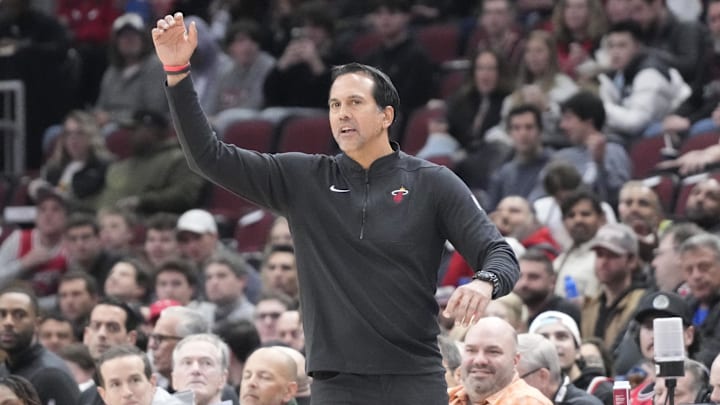Apr 9, 2025; Chicago, Illinois, USA; Miami Heat head coach Erik Spoelstra gestures to his team against the Chicago Bulls during the first quarter at United Center. Mandatory Credit: David Banks-Imagn Images