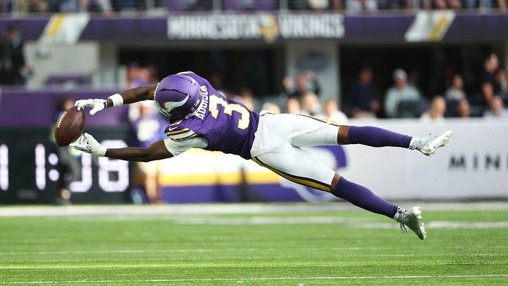 Sep 13, 2026; Minneapolis, Minnesota, USA;  Minnesota Vikings wide receiver Jordan Addison (3) jumps to make a catch during the second half against the Green Bay Packers at U.S. Bank Stadium.  Mandatory Credit: Matt Krohn-Imagn Images