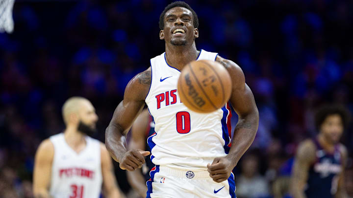 Apr 9, 2024; Philadelphia, Pennsylvania, USA; Detroit Pistons center Jalen Duren (0): Bill Streicher-Imagn Images