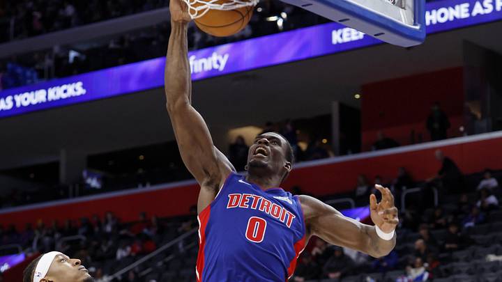 Dec 6, 2025; Detroit, Michigan, USA;  Detroit Pistons center Jalen Duren (0) dunks in the second half against the Milwaukee Bucks at Little Caesars Arena. Mandatory Credit: Rick Osentoski-Imagn Images