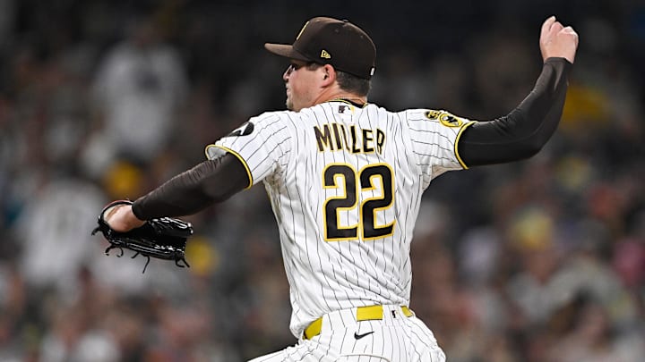 Apr 9, 2026; San Diego, California, USA; San Diego Padres relief pitcher Mason Miller (22) throws a pitch during the ninth inning against the Colorado Rockies at Petco Park. Mandatory Credit: Denis Poroy-Imagn Images