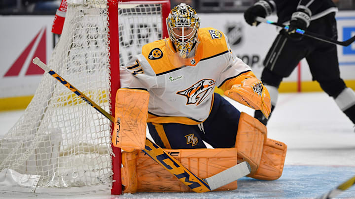 Feb 22, 2024; Los Angeles, California, USA; Nashville Predators goaltender Juuse Saros (74) defends