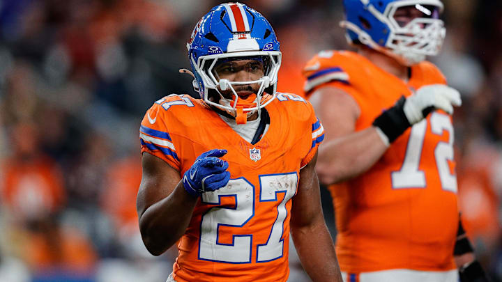 Nov 6, 2025; Denver, Colorado, USA; Denver Broncos running back J.K. Dobbins (27) in the fourth quarter against the Las Vegas Raiders at Empower Field at Mile High. 