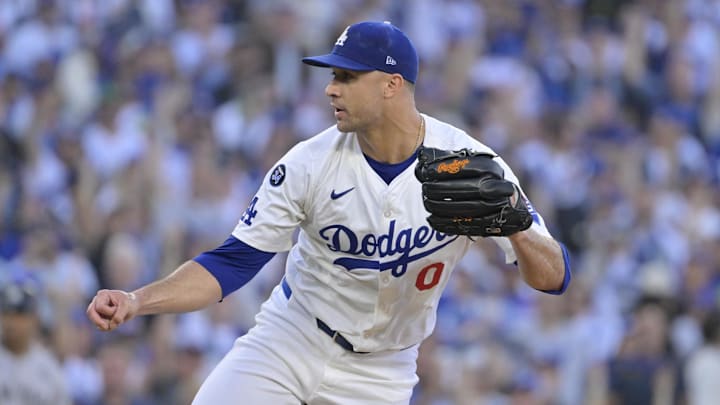 Oct 25, 2024; Los Angeles, California, USA; Los Angeles Dodgers pitcher Jack Flaherty (0) pitches against the New York Yankees in the first inning during game one of the 2024 MLB World Series at Dodger Stadium. Oct 25, 2024; Los Angeles, California, USA; Los Angeles Dodgers pitcher Jack Flaherty (0) pitches against the New York Yankees in the first inning during game one of the 2024 MLB World Series at Dodger Stadium.