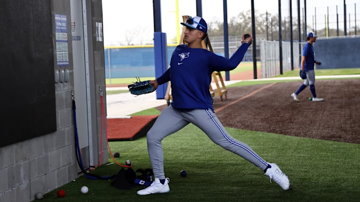 Feb 16, 2024; Dunedin, FL, USA; Toronto Blue Jays pitcher Ricky Tiedemann (70) works out at Blue Feb 16, 2024; Dunedin, FL, USA; Toronto Blue Jays pitcher Ricky Tiedemann (70) works out at Blue