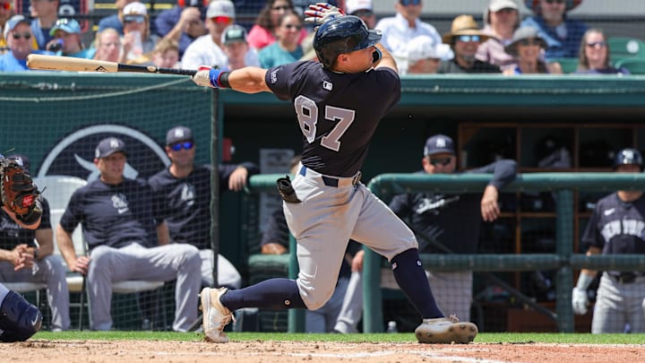 Mar 23, 2024; Lakeland, Florida, USA; New York Yankees third baseman Caleb Durbin (87) bats during the third inning against the Detroit Tigers at Publix Field at Joker Marchant Stadium. Mandatory Credit: Mike Watters-Imagn Images