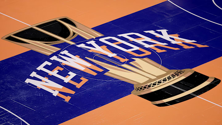 Nov 24, 2023; New York, New York, USA; General view of the in-season tournament court logo during warmups before a game between the New York Knicks and the Miami Heat at Madison Square Garden. Mandatory Credit: Brad Penner-Imagn Images