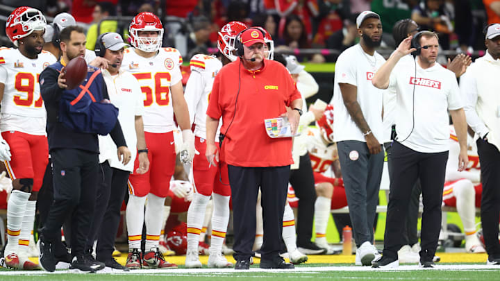 Feb 9, 2025; New Orleans, LA, USA; Kansas City Chiefs head coach Andy Reid on the sideline against the Philadelphia Eagles in the first quarter in Super Bowl LIX at Ceasars Superdome. Mandatory Credit: Mark J. Rebilas-Imagn Images