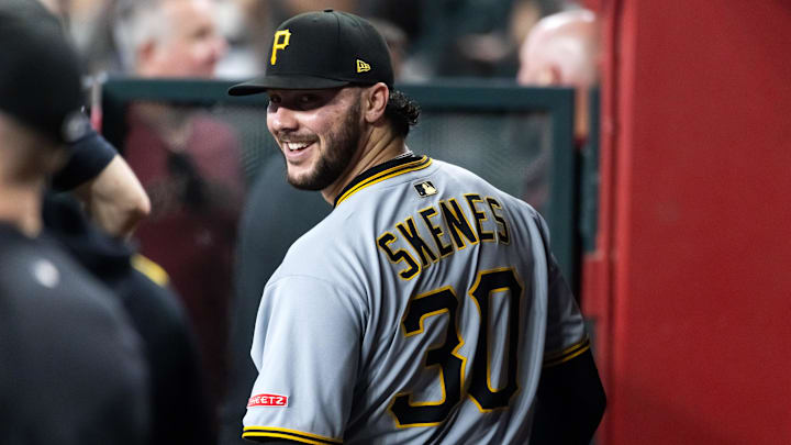 May 28, 2025; Phoenix, Arizona, USA; Pittsburgh Pirates pitcher Paul Skenes against the Arizona Diamondbacks in the seventh inning at Chase Field. Mandatory Credit: Mark J. Rebilas-Imagn Images