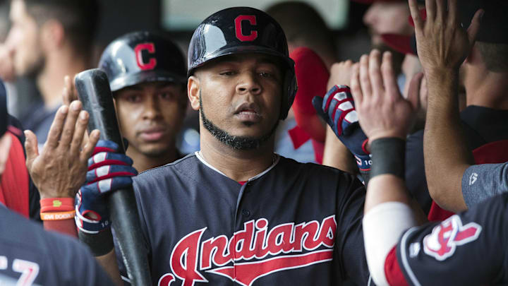 Aug 8, 2018: Cleveland Indians designated hitter Edwin Encarnacion (10) celebrates in the dugout after hitting a sacrifice fly during the first inning against the Minnesota Twins at Progressive Field. Mandatory Credit: Ken Blaze-Imagn Images