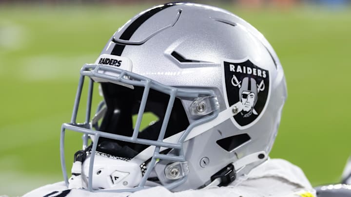 Aug 23, 2025; Glendale, Arizona, USA; Detailed view of a Las Vegas Raiders helmet during a preseason NFL game at State Farm Stadium. Mandatory Credit: Mark J. Rebilas-Imagn Images Aug 23, 2025; Glendale, Arizona, USA; Detailed view of a Las Vegas Raiders helmet during a preseason NFL game at State Farm Stadium. Mandatory Credit: Mark J. Rebilas-Imagn Images