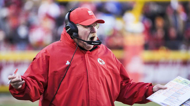 Dec 14, 2025; Kansas City, Missouri, USA; Kansas City Chiefs head coach Andy Reid reacts to a play against the Los Angeles Chargers during the third quarter at GEHA Field at Arrowhead Stadium. Mandatory Credit: Denny Medley-Imagn Images