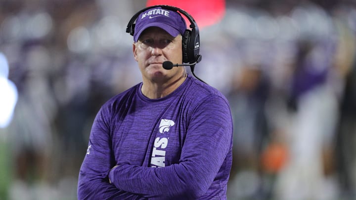 Kansas State Wildcats head coach Chris Klieman looks on during the fourth quarter of the game against Arizona at Bill Snyder Family Stadium on Friday, September 13, 2024.