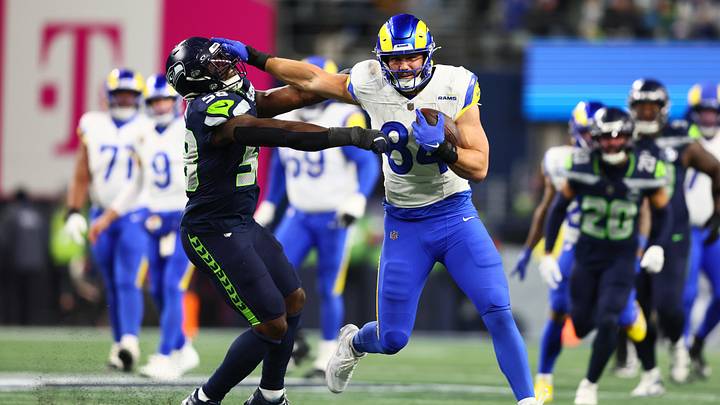 Jan 25, 2026; Seattle, WA, USA; Los Angeles Rams tight end Colby Parkinson (84) runs against Seattle Seahawks linebacker Derick Hall (58) during the second half in the 2026 NFC Championship Game at Lumen Field. Mandatory Credit: Kevin Ng-Imagn Images Jan 25, 2026; Seattle, WA, USA; Los Angeles Rams tight end Colby Parkinson (84) runs against Seattle Seahawks linebacker Derick Hall (58) during the second half in the 2026 NFC Championship Game at Lumen Field. Mandatory Credit: Kevin Ng-Imagn Images