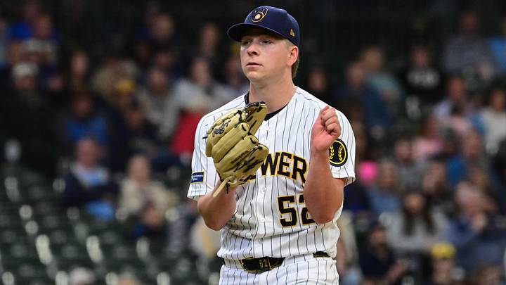 Apr 26, 2026; Milwaukee, Wisconsin, USA; Milwaukee Brewers starting pitcher Kyle Harrison (52) reacts after pitching six scoreless innings against the Pittsburgh Pirates at American Family Field. Mandatory Credit: Benny Sieu-Imagn Images