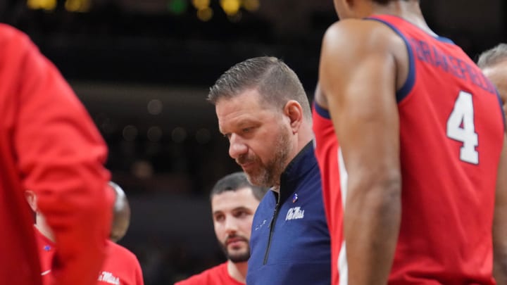 Mar 2, 2024; Columbia, Missouri, USA; Mississippi Rebels head coach Chris Beard talks with players in a time out against the Missouri Tigers during the first half at Mizzou Arena. Mandatory Credit: Denny Medley-USA TODAY Sports