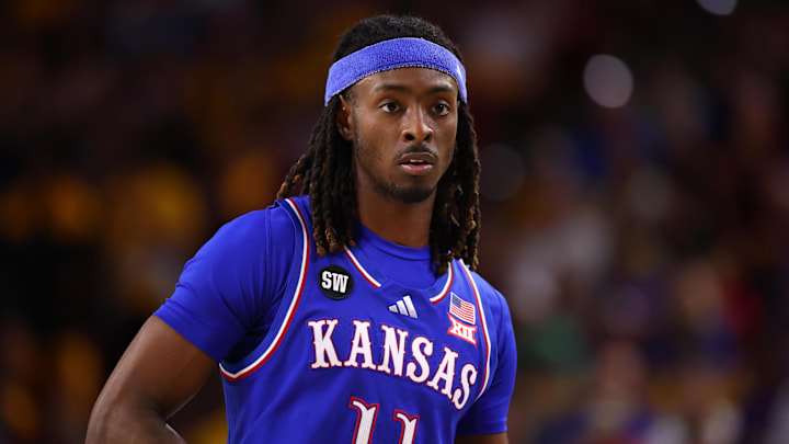 Mar 3, 2026; Tempe, Arizona, USA; Kansas Jayhawks guard Jamari McDowell (11) against the Arizona State Sun Devils at Desert Financial Arena. Mandatory Credit: Mark J. Rebilas-Imagn Images