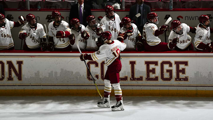 James Hagens fist-bumps the bench after scoring a goal at Conte Forum on Feb. 20, 2026.